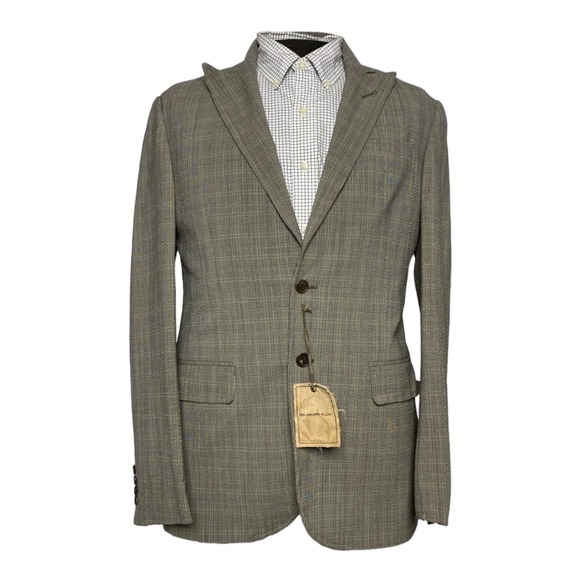 NWT John Varvatos Brown & Green Check Wool Poly Elastane 2 Btn Blazer Size 40